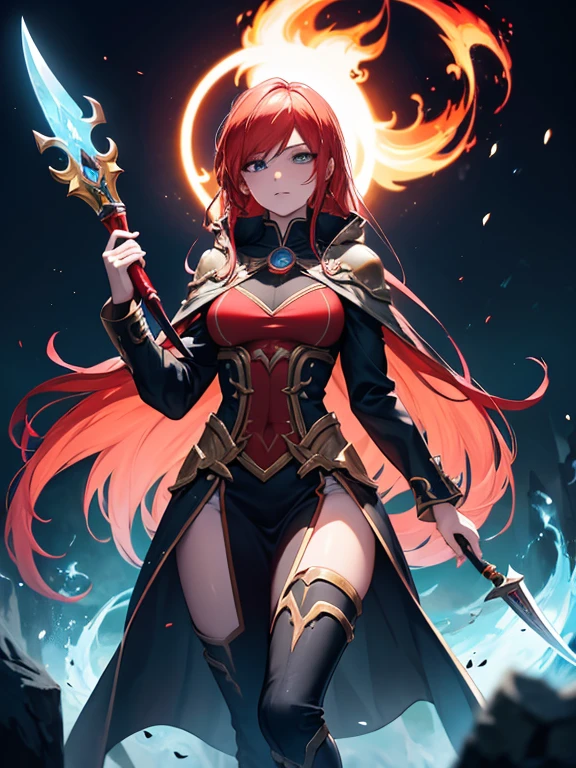 A masterpiece depicting a beautiful white girl, burn, Surrounded by flames, dota2 fire girl style, Ghost Knife Style, Fiery hair, Long Red Hair, watery blue Big eyes, Narrow waist, Wide Hips, Wizard Robe, Magic colors, World of Warcraft Style, Blizzard Entertainment, Ultra HD, 8k, Real skin texture, The best light, Best Shadow, Dota2 Lina, action, The wizarding world, Bird&#39;s-eye view, Small Mouth, Small Nose, Big eyes, cute