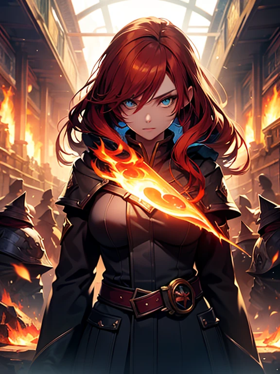 A masterpiece depicting a beautiful white girl, burn, Surrounded by flames, dota2 fire girl style, Ghost Knife Style, Fiery hair, Long Red Hair, watery blue Big eyes, Narrow waist, Wide Hips, Wizard Robe, Magic colors, World of Warcraft Style, Blizzard Entertainment, Ultra HD, 8k, Real skin texture, The best light, Best Shadow, Dota2 Lina, action, The wizarding world, Bird&#39;s-eye view, Small Mouth, Small Nose, Big eyes, cute