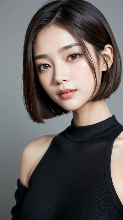 (((Close-up of face)))、(((Absolutely shoulder-length brown straight short bob)))、(((She is posing like a hair salon model, with a black wall indoors as the background.)))、(((Casual black winter long sleeves with shoulders covered)))、Half Japanese, half Korean、18 year old girl、Standing Alone、Looking forward、Light eye makeup、Brown Hair Color、Flat and 、Hair blowing in the wind、Actress Quality、Glossy, ultra-realistic face、Smiling face、Watery eyes、Gazing Up、Subtle lighting effects、 Ultra-Realistic Capture、Very detailed、High resolution 16K close up of human skin。Skin texture must be natural、The details must be such that pores can be clearly seen、The skin is healthy、Uniform tone、Use natural light and colors、A worn-out, high-quality photo taken by a model agency&#39;s in-house photographer.、smile、(((SIGMA 300 mm F/1.4,1/1000 sec shutter,ISO 400))) 