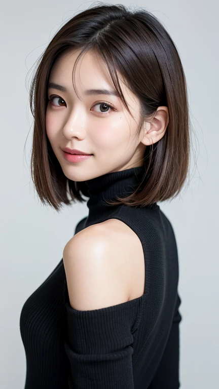 (((Close-up of face)))、(((Absolutely shoulder-length brown straight short bob)))、(((She is posing like a hair salon model, with a black wall indoors as the background.)))、(((Casual black winter long sleeves with shoulders covered)))、Half Japanese, half Korean、18 year old girl、Standing Alone、Looking forward、Light eye makeup、Brown Hair Color、Flat and 、Hair blowing in the wind、Actress Quality、Glossy, ultra-realistic face、Smiling face、Watery eyes、Gazing Up、Subtle lighting effects、 Ultra-Realistic Capture、Very detailed、High resolution 16K close up of human skin。Skin texture must be natural、The details must be such that pores can be clearly seen、The skin is healthy、Uniform tone、Use natural light and colors、A worn-out, high-quality photo taken by a model agency&#39;s in-house photographer.、smile、(((SIGMA 300 mm F/1.4,1/1000 sec shutter,ISO 400))) 