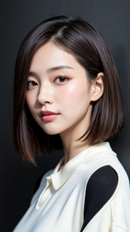 (((Close-up of face)))、(((Absolutely shoulder-length brown straight short bob)))、(((She is posing like a hair salon model, with a black wall indoors as the background.)))、(((Casual black winter long sleeves with shoulders covered)))、Half Japanese, half Korean、18 year old girl、Standing Alone、Looking forward、Light eye makeup、Brown Hair Color、Flat and 、Hair blowing in the wind、Actress Quality、Glossy, ultra-realistic face、Smiling face、Watery eyes、Gazing Up、Subtle lighting effects、 Ultra-Realistic Capture、Very detailed、High resolution 16K close up of human skin。Skin texture must be natural、The details must be such that pores can be clearly seen、The skin is healthy、Uniform tone、Use natural light and colors、A worn-out, high-quality photo taken by a model agency&#39;s in-house photographer.、smile、(((SIGMA 300 mm F/1.4,1/1000 sec shutter,ISO 400))) 