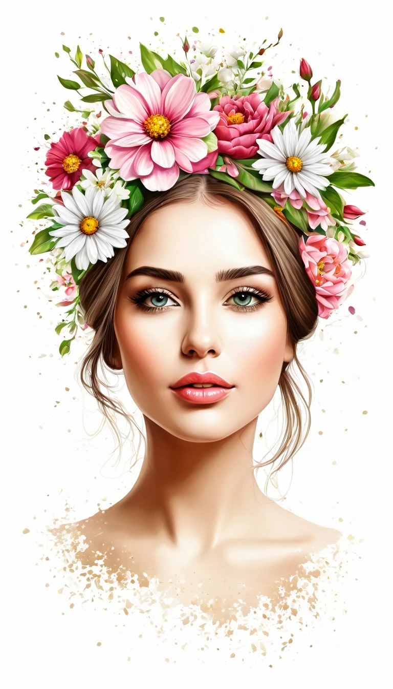 Woman with flowers on her head, vetor, cores vivas realistas, fundo branco, imagem detalhada, vetor feito para estampa de camiseta, 2D, Realistic image
