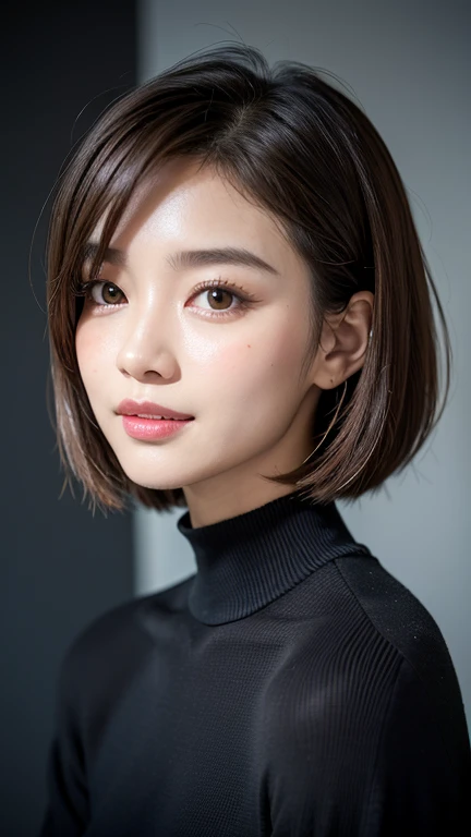 (((Close-up of face)))、(((Absolutely shoulder-length brown straight short bob)))、(((She is posing like a hair salon model, with a black wall indoors as the background.)))、(((Casual black winter long sleeves with shoulders covered)))、Half Japanese, half Korean、18 year old girl、Standing Alone、Looking forward、Light eye makeup、Brown Hair Color、Flat and 、Hair blowing in the wind、Actress Quality、Glossy, ultra-realistic face、Smiling face、Watery eyes、Gazing Up、Subtle lighting effects、 Ultra-Realistic Capture、Very detailed、High resolution 16K close up of human skin。Skin texture must be natural、The details must be such that pores can be clearly seen、The skin is healthy、Uniform tone、Use natural light and colors、A worn-out, high-quality photo taken by a model agency&#39;s in-house photographer.、smile、(((SIGMA 300 mm F/1.4,1/1000 sec shutter,ISO 400))) 