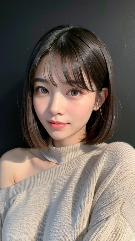 (((Close-up of face)))、(((Absolutely shoulder-length brown straight short bob)))、(((She is posing like a hair salon model, with a black wall indoors as the background.)))、(((Casual black winter long sleeves with shoulders covered)))、Half Japanese, half Korean、18 year old girl、Standing Alone、Looking forward、Light eye makeup、Brown Hair Color、Flat and 、Hair blowing in the wind、Actress Quality、Glossy, ultra-realistic face、Smiling face、Watery eyes、Gazing Up、Subtle lighting effects、 Ultra-Realistic Capture、Very detailed、High resolution 16K close up of human skin。Skin texture must be natural、The details must be such that pores can be clearly seen、The skin is healthy、Uniform tone、Use natural light and colors、A worn-out, high-quality photo taken by a model agency&#39;s in-house photographer.、smile、(((SIGMA 300 mm F/1.4,1/1000 sec shutter,ISO 400))) 