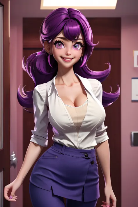 masterpiece, best quality, high resolution, hello1, purple hair,  Purple Eyes, Large Breasts,(((Cleavage)))) Hairpin, skirt, Pan...