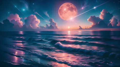 Orange moon,night time teal sky, soft pink clouds, teal ocean waves sparkling, sparkling, pink roses on pink ocean, fantasy, dia...