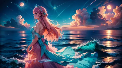 Orange moon,night time teal sky, soft pink clouds, teal ocean waves sparkling, sparkling, pink roses on pink ocean, fantasy, dia...