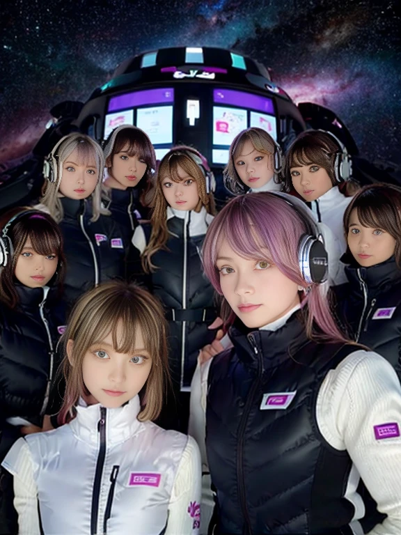 （Seven girls and one boy），（7 girls in a row）,（Brunette color hair, Black-eyed ，Blonde ，White haired red eyed ，Purple hair and heterochromatic pupils ，Pink Hair, Green Eyes, change）,(astrovest):3,headphones,Smart,futuristic space Classroom Background,BREAK inside spaceship room