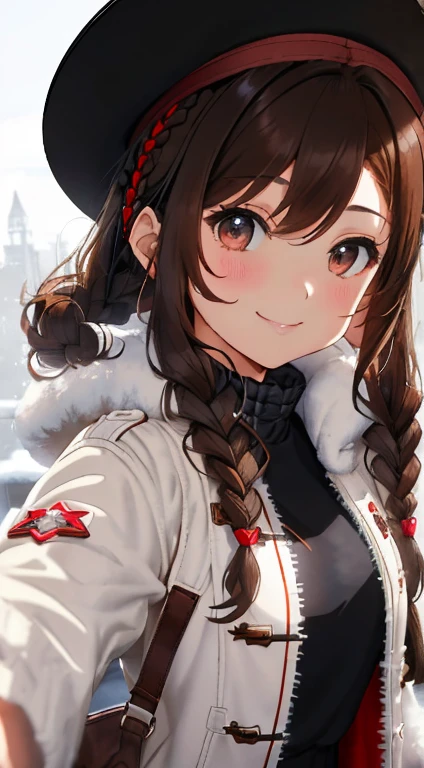 Fluffy hair,((Brown haired)),(Braided Short Hair),Slight red tide,((Brown eyes)),(White fluffy winter clothes),((black blouson jacket)),(checkered dark blue skirt),((Long knee-length boots)),((fluffy white hat)),A kind smile,(The heart symbol is flying),Dating atmosphere,((Face close-up))