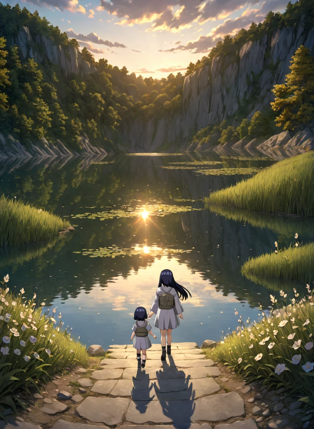  child-Hinata, long hair, walk next to lake, [enchanting, surreal, studio lighting, HDR, UHD, K]