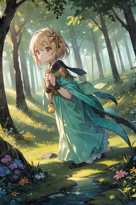 1girl, forest, cute, beauty, fantasy scene, kawaii style, low angle shot, full body
