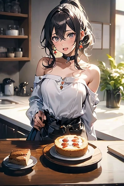 masterpiece, yor, 1girl, Amazing Cleavage:1.3, thin waist, big ass, Raised sexy, medium breast: 1.8 posed cleavage:1.2、solo, looking at viewer, open mouth, have a cup of coffee,black hair, red eyes, dress, bare shoulders, jewelry, collarbone, sidelocks, hairband, earrings, indoors, off shoulder, :o, sweater, arms behind back, plant, short hair with long locks, white hairband, off-shoulder dress, sweater dress, off-shoulder sweater, red sweater, big side hair, very long side hair,is rendered in (masterpiece: 1.2, best quality), with (ultra high resolution) and an exquisite (depth of field). This masterpiece is not only visually stunning but also tells, make of cake cooking ,in the kitchen