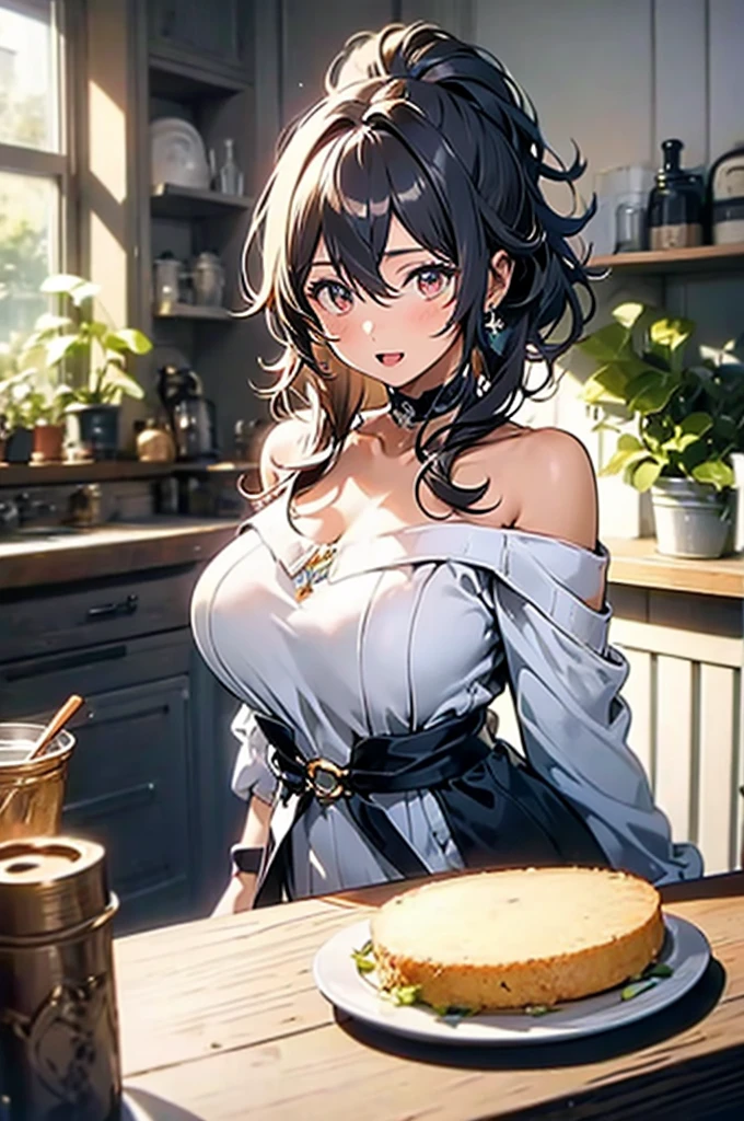 masterpiece, yor, 1girl, Amazing Cleavage:1.3, thin waist, big ass, Raised sexy, medium breast: 1.8 posed cleavage:1.2、solo, looking at viewer, open mouth, have a cup of coffee,black hair, red eyes, dress, bare shoulders, jewelry, collarbone, sidelocks, hairband, earrings, indoors, off shoulder, :o, sweater, arms behind back, plant, short hair with long locks, white hairband, off-shoulder dress, sweater dress, off-shoulder sweater, red sweater, big side hair, very long side hair,is rendered in (masterpiece: 1.2, best quality), with (ultra high resolution) and an exquisite (depth of field). This masterpiece is not only visually stunning but also tells, make of cake cooking ,in the kitchen