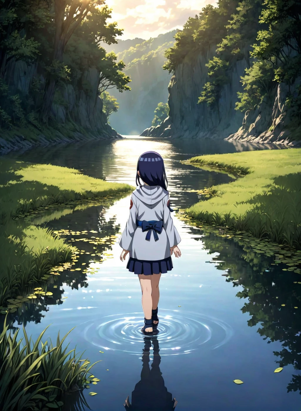  child-Hinata, (arms behind back), long hair, walk next to lake, [enchanting, surreal, studio lighting, HDR, UHD, K]