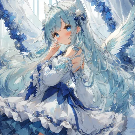 a beautiful moe anime-style girl with large, sparkling blue eyes and a fluffy appearance. she wears a dress with a detailed and ...