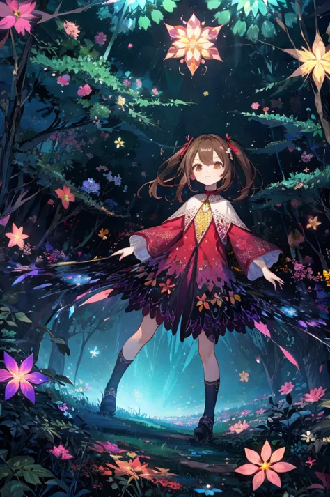 1girl, forest, cute, beauty, fantasy scene, kawaii style, (kaleidoscope effect:1.4), high angle shot, full body

