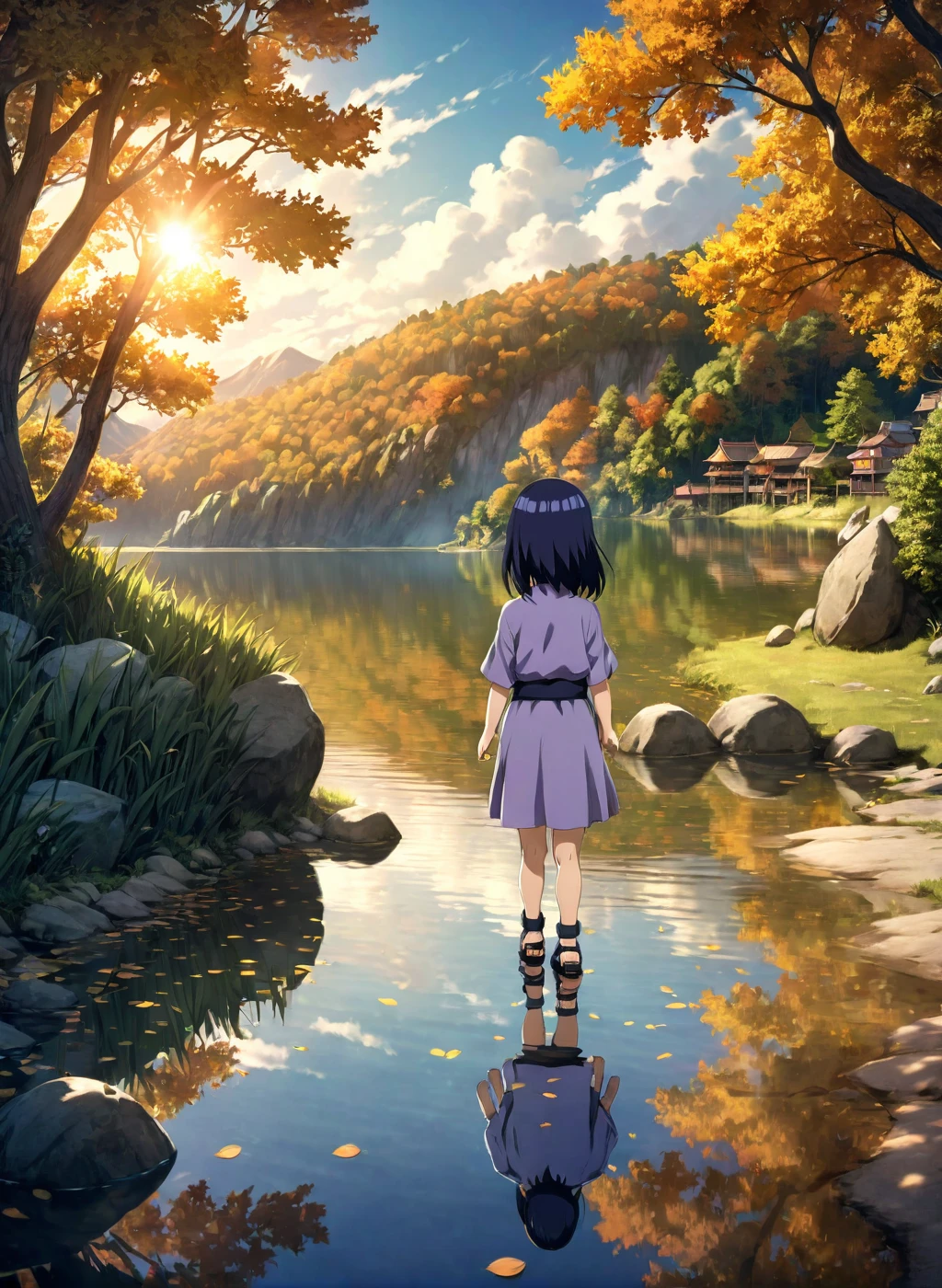  child-Hinata, long hair, walk next to lake, [enchanting, surreal, studio lighting, HDR, UHD, K]