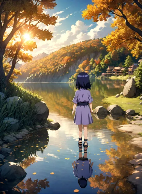 child-hinata, long hair, walk next to lake, [enchanting, surreal, studio lighting, hdr, uhd, k]