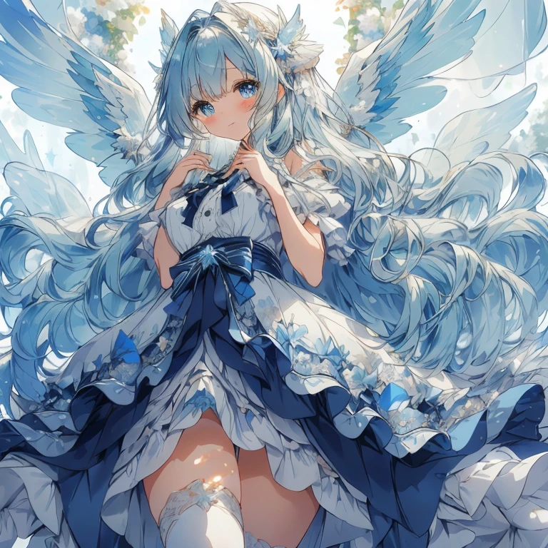 A beautiful moe anime-style girl with large, sparkling blue eyes and a fluffy appearance. She wears a dress with a detailed and delicate frilly design in blue and black tones, with many ribbons and star-shaped ornaments. She has wings of fantastic and detailed translucent white, and an aura of magical light accentuates the fantastic atmosphere. Her hair is in voluminous long waves with matching ribbons, creating a cute and whimsical look. The background is a dreamy cloudy sky with dusty lights, and the soft blue-green tones enhance her fantastic and gentle atmosphere. (( highest image quality, highest quality ))