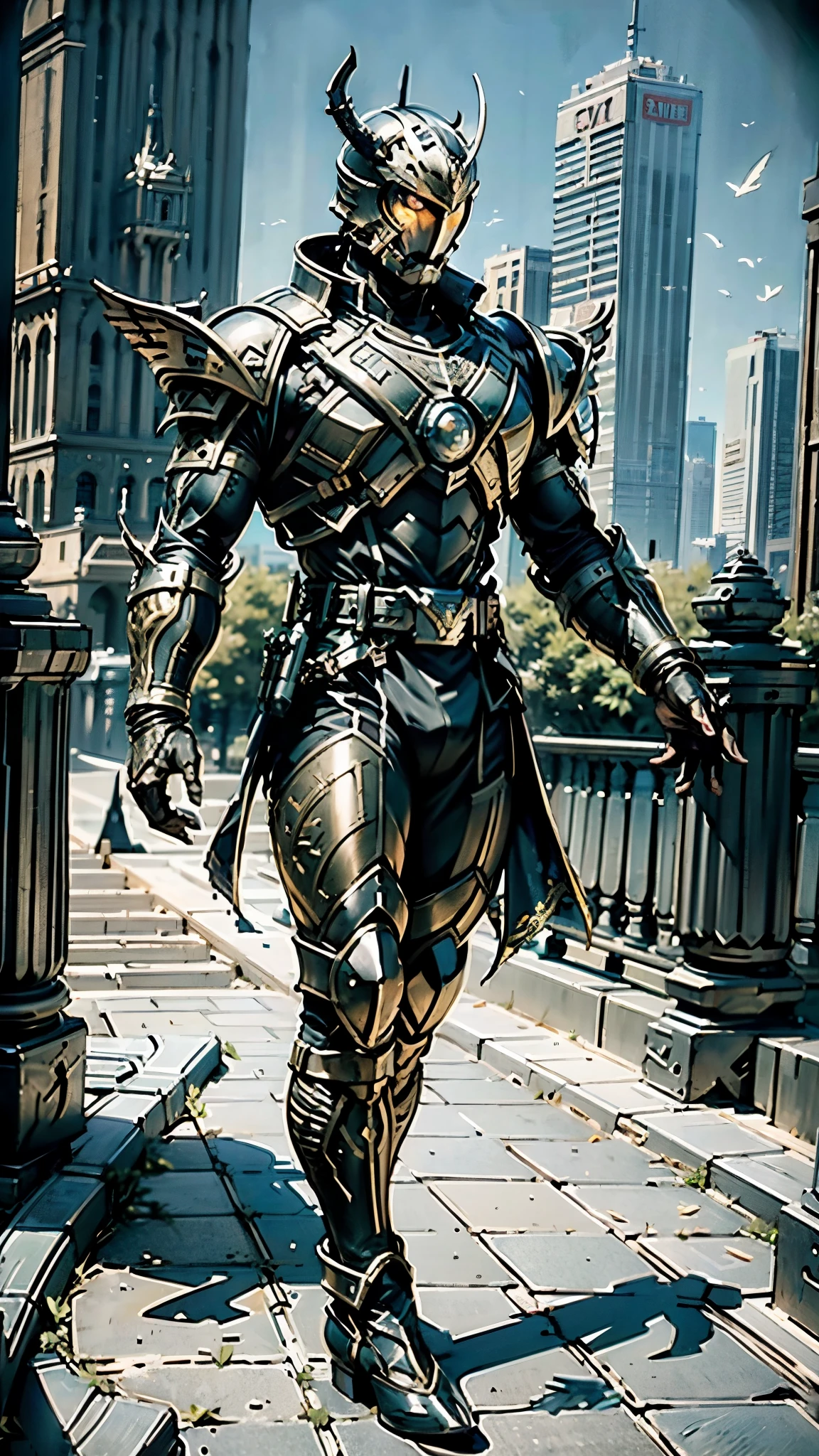A man wearing a full-face helmet, a fantasy-style biomecha armored combat suit, green eyes, a composite layered chest armor, fully enclosed shoulder guards, matching arm and leg guards, the belt is adorned with dragon claw grasping orbs, primarily black with red accents, the design balances heavy with agility, a high-tech biological armor, concept inspired by dragons, stands on the skyscraper of a futuristic high-tech city, this character embodies a finely crafted fantasy-surreal style armored hero in anime style, exquisite and mature manga art style, ((male:1.5)), metallic, real texture material, dramatic, high definition, best quality, highres, ultra-detailed, ultra-fine painting, extremely delicate, professional, perfect body proportions, golden ratio, anatomically correct, symmetrical face, extremely detailed eyes and face, high quality eyes, creativity, RAW photo, UHD, 32k, Natural light, cinematic lighting, masterpiece-anatomy-perfect, masterpiece:1.5