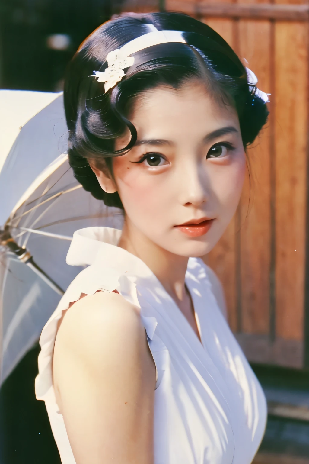 Skinny Japanese 40s woman in a costume of 1960s, cute face, detailed face, detailed eyes, a sepia-toned photo