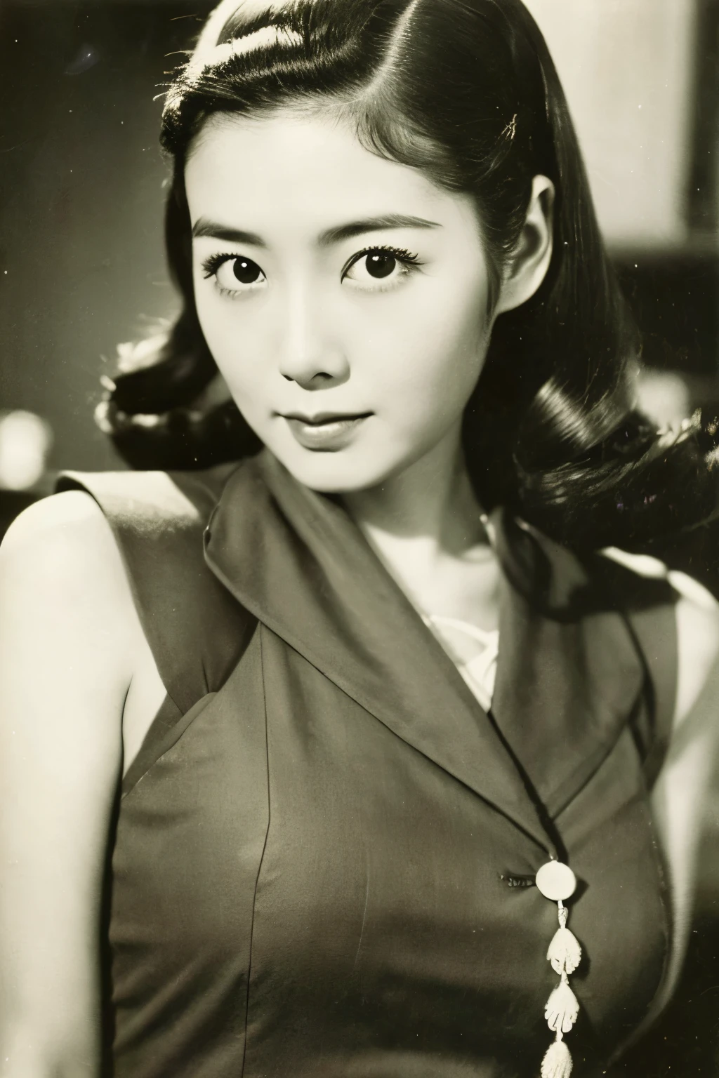 Skinny Japanese 40s woman in a costume of 1960s, cute face, detailed face, detailed eyes, a sepia-toned photo