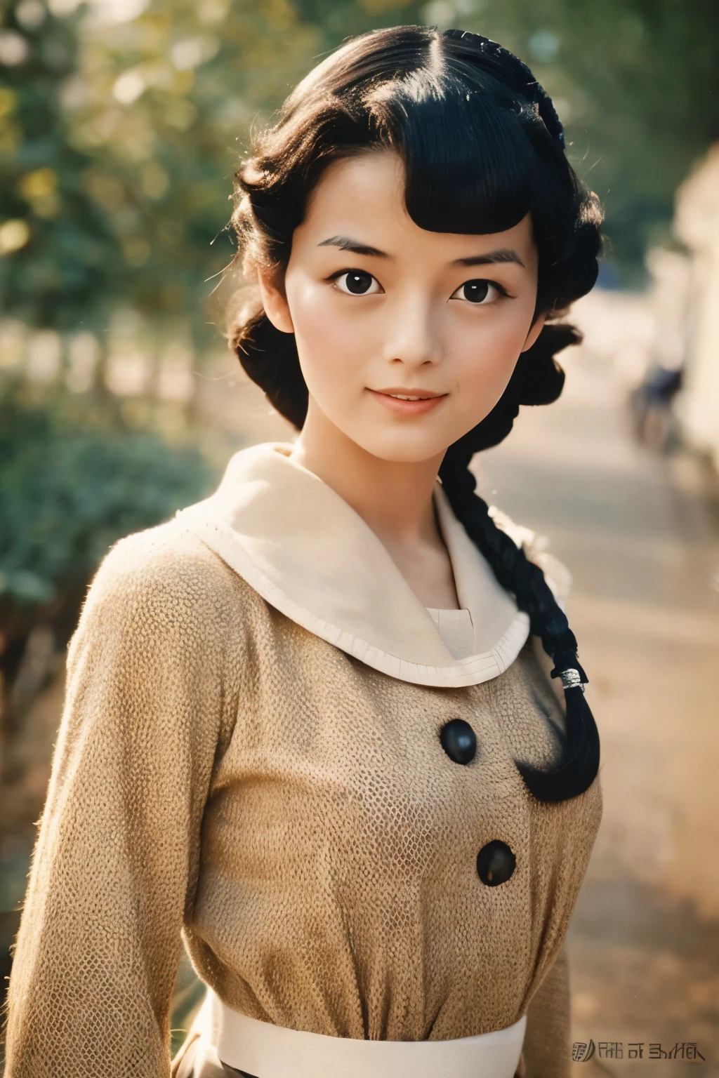 Skinny Japanese 40s woman in a costume of 1960s, cute face, detailed face, detailed eyes, a sepia-toned photo