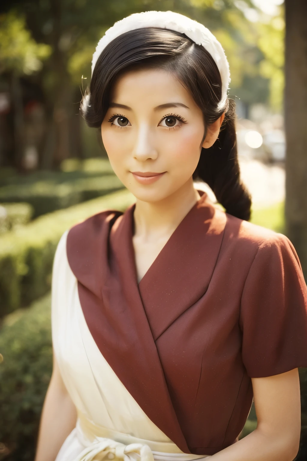 瘦小的40多岁日本女性穿着20世纪60年代的服装, 可爱的脸孔, 细致的脸部, 细致的眼睛, 一张复古色调的照片