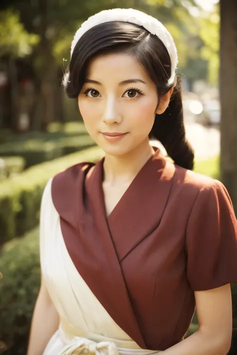 Skinny Japanese 40s woman in a costume of 1960s, cute face, detailed face, detailed eyes, a sepia-toned photo