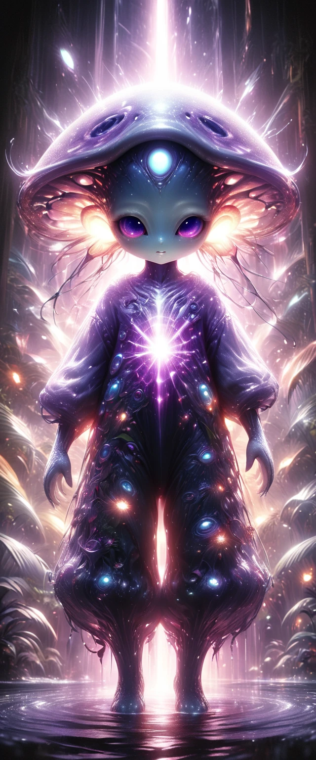 An ultra-detailed, realistic, and adorable cute alien character is depicted in this artwork. The character is small in size and has a friendly and adorable appearance. The alien is set in a purple-colored world filled with abundant exotic vegetation. The art style is inspired by anime, giving it a unique and distinct look. The artwork is created in 8k resolution, ensuring the best quality and capturing every intricate detail of the alien and its surroundings. The vibrant and vivid colors enhance the overall visual experience, while the lighting creates a sense of depth and dimension in the artwork. This masterpiece showcases the artist's expertise in creating high-quality and visually stunning illustrations.