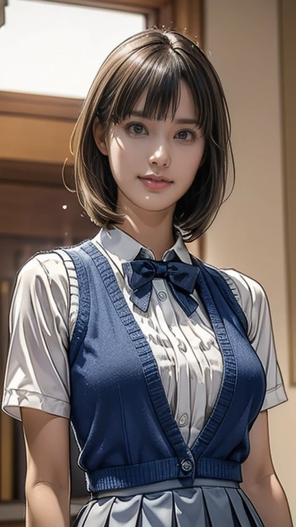 (masterpiece:1.2, highest quality), (Realistic, photoRealistic:1.4), Beautiful illustrations, (Natural Side Lighting, Cinema Lighting), Written boundary depth, 
Looking at the audience, (Face Focus, Upper Body), Front view, 1 girl, English, high school girl, 15 years old, Perfect Face, Symmetrical cute face, Shiny skin, 
(Bob Hair:1.7,blonde), Asymmetrical bangs, Big eyes, Droopy eyes, long eyelashes chest), thin, 
Beautiful Hair, Beautiful Face, Beautiful and beautiful eyes, Beautiful clavicle, Beautiful body, Beautiful breasts, Beautiful thighs, Beautiful feet, Beautiful fingers, 
((High quality fabric, Brown knitted vest, Short sleeve white collar shirt, Navy Pleated Skirt, Navy bow tie)), 
(Beautiful views), evening, (Inside the flower shop), Are standing, (smile, wonderful, Open your mouth), (From below:1.5),(Poor horizon:1.5), (((Backlight))), (((soft, Saggy breasts:1.2)))