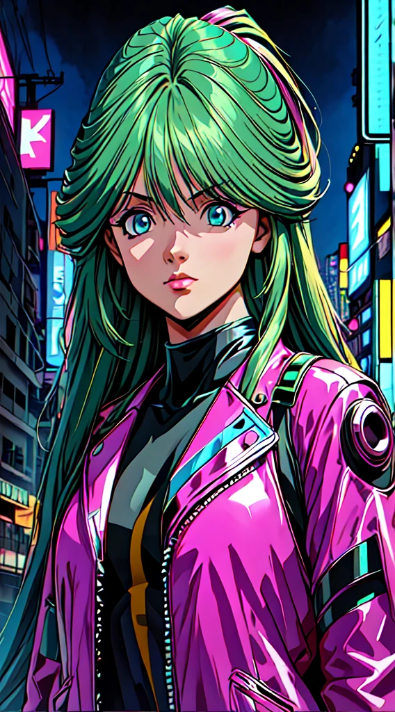 (best quality,4k,8k,highres,masterpiece:1.2),ultra-detailed,(realistic,photorealistic,photo-realistic:1.37),green hair and pink hair,blue eyes,anime,alone,modern,cyberpunk,lighting effects,colorful,stylish compositions,beautiful detailed eyes,longeyelashes,modern fashion,street art,cybernetic enhancements,dynamic poses,vibrant colors,neon lights,gritty urban atmosphere,stylized backgrounds,technological advancements,high-tech accessories,sharp focus,cityscape silhouette,glowing holograms,sleek architecture,cyberpunk fashion,confident expression,ethereal atmosphere,exaggerated proportions,juicy hues,expressive brushstrokes,stylized hair,trendy outfits,sci-fi elements,visual storytelling,vivid color palette,edgy urban setting,colored lens flare,cybernetic implants,youthful energy.