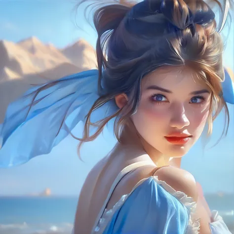 Arad woman(miyabi) bigboobs in blue dress and white shirt walking on the beach, photorealistic anime girl rendering, realistic f...