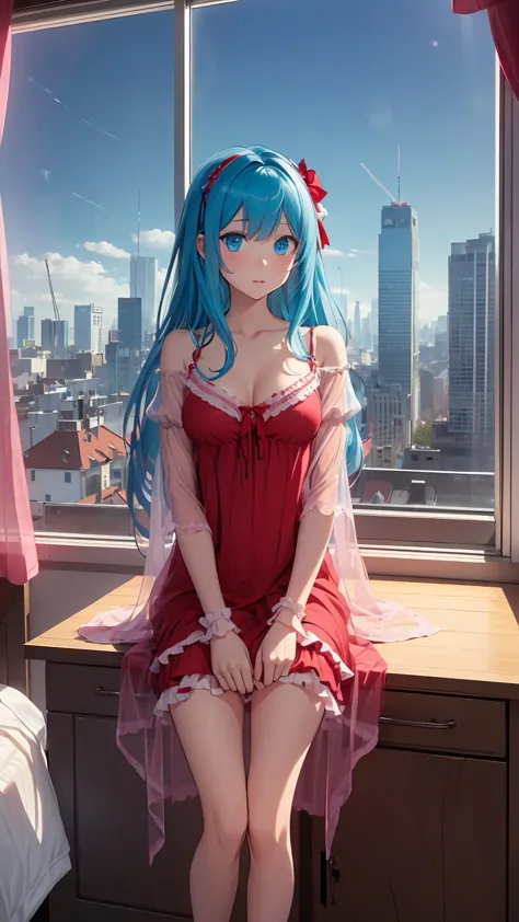 ((best quality)), ((masterpiece)), (detailed), perfect face, perfect body, 1girl, red long hair, cyan eyes, ((nightgown)), ((see...