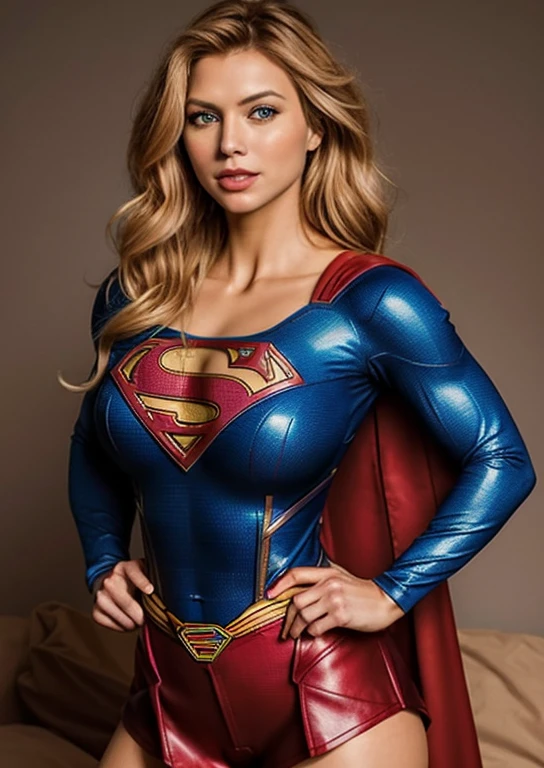 Obra maestra, una imagen de cuerpo completo de la bella superchica, traje rojo y azul, hermosa mujer diosa rubia superchica, con botas brillantes, falda corta de color rojo, en pose de lucha, superchica, disfrasada de superman, supergirl, supergirl