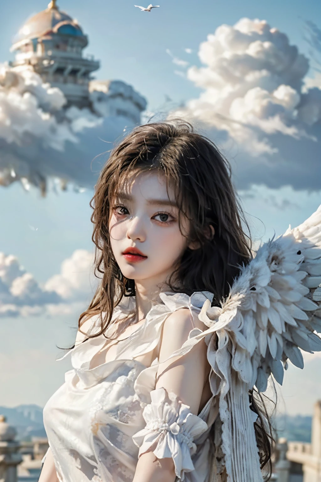 ((best quality)), ((masterpiece)), (detailed), perfect face, Masterpiece, 8K, (매우 detailed 얼굴 표현), angel girl flying in the sky, korean beauty, Detailed wing expression, Plump clouds, white clouds in the sky, temple of heaven, (Whole_body), (full body),