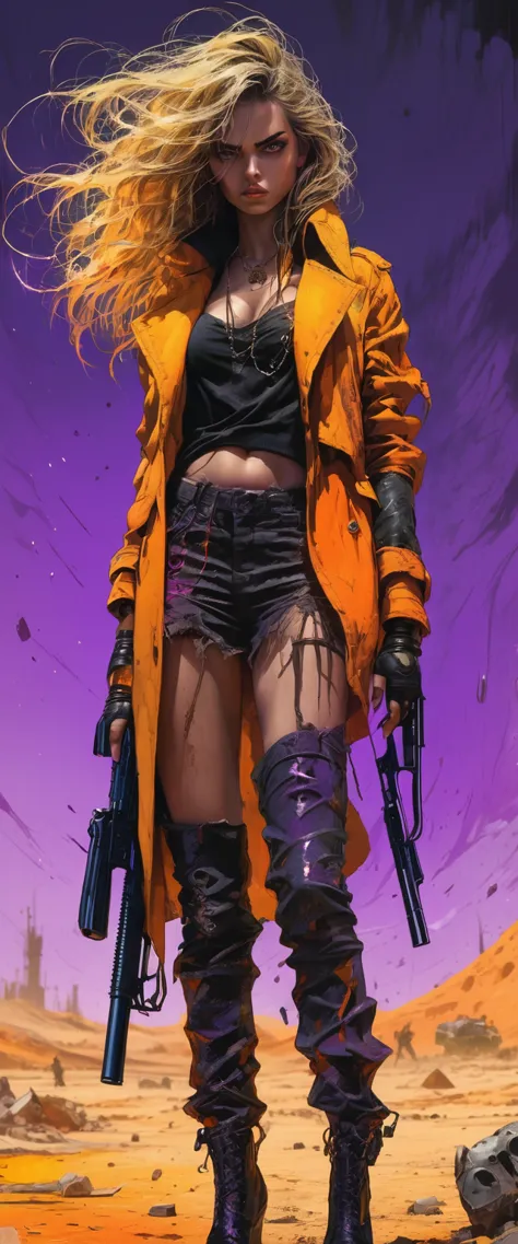 dark and torn, 1 young beautiful muscular body, fierce expression, holding a gun, (colors on her clothes, warm, orange, yellow, ...