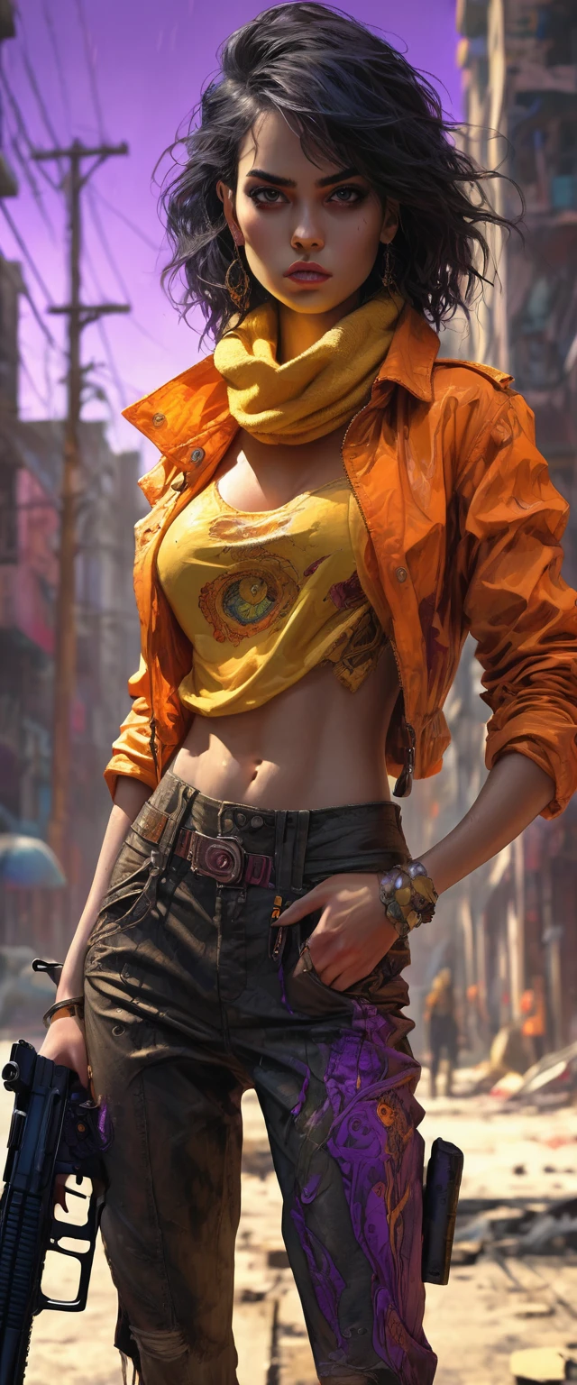 dark and torn, 1 young beautiful muscular body, fierce expression, holding a gun, (colors on her clothes, warm, orange, yellow, violet:1.3), standing on a desolate wasteland, dramatic lighting, intense shadows, sandy texture, tall contrast, vibrant colors, dynamic pose, powerful stance, rugged background, explosive atmosphere, dystopian theme, surreal elements, digitally painted illustration, HD resolution, intricate details, dramatic composition, avant-garde and chaotic brush strokes, gothic style, intense emotions, epic scale, raw and gritty feel, captivating and provocative artwork.