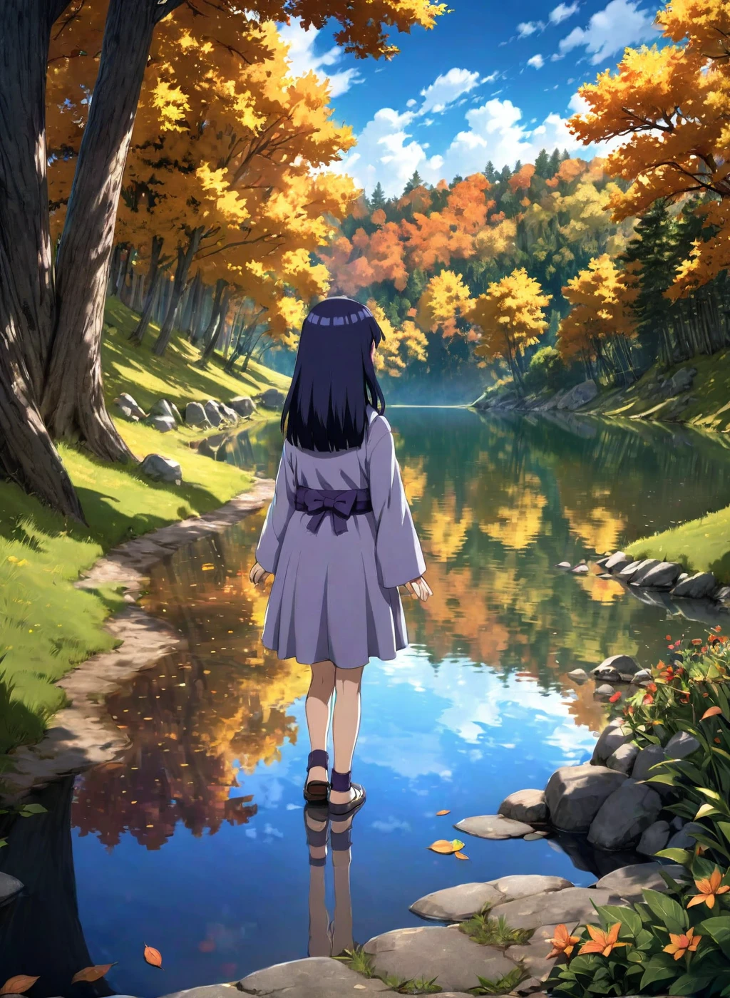  child-Hinata, long hair, walk next to lake, [enchanting, surreal, studio lighting, HDR, UHD, K]