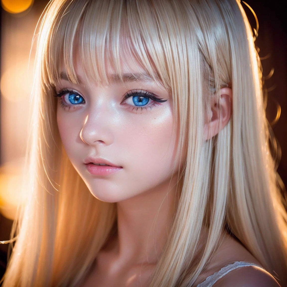 night, Raw photo, (((Very beautiful portrait))), (Glowing Skin)), 1 girl, 16 year old beautiful girl from Prague, (((Natural platinum blonde hair)), [Bright Blue Eyes], Super long hair, eyeliner, Fluttering Hair, bangs over eyes、Vibrant, ((masterpiece, 最high quality, Ultra Detail, Cinematic Light, Intricate details, High resolution, 8K, Very detailed)), Detail Background, 8K uhd, Digital single-lens reflex camera, Soft lighting, high quality, Film Grain, Fujifilm XT3, Shallow depth of field, Natural light, (Perfect hands), Perfect Face, View from afar、Small Face Beauty、