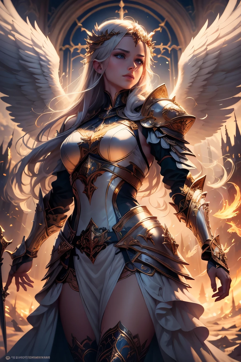 ((Best quality)), ((masterpiece)), ((realistic cartoon)), ((perfect character)):

In this stunning and highly detailed realistic cartoon, we present an angel guardian in heavy armor. The angel guardian stands tall, clad in intricate garment, complete with flowing garments and ornate patterns. His face is high tower shield, adding to his angelic and stunning appearance.

The angel guardian channels the power of god, conjuring dazzling rays and holy energies. The scene is set in a thematically rich environment, filled with magical vibes, and mystical symbols that enhance the ambiance. The lighting, crafted with a cinematic touch, casts a spellbinding glow, emphasizing the magical aura surrounding the angel guardian.

Every element of this masterpiece is carefully designed to create a sense of realism and immersion. The intricacies of the angel guardian clothing, the mesmerizing effects of his conjurations, and the level of detail in his weathered face all contribute to a captivating visual experience. This artwork is presented in stunning UHD resolution, allowing you to appreciate every nuance and intricacy in breathtaking detail.

Portrait,Eye level, scenic, masterpiece,mtg art,magic the gathering art.