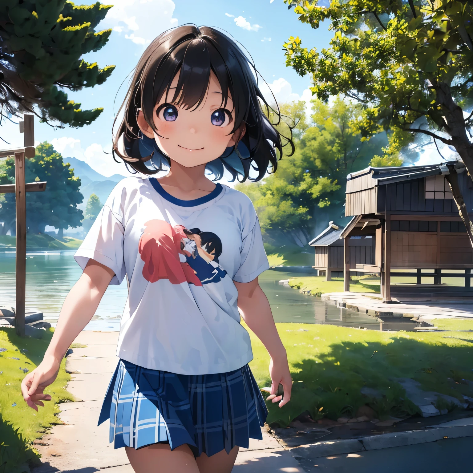 (8K resolution, masterpiece quality), (A 9-year-old Japanese girl), (Smiling with an innocent and cute face), (Frontal view), (Gentle eyes shining brightly), (Childlike with a plain t-shirt and short sleeves), (A short, semi-long blue checked skirt), (Her hair blowing gently in the wind), (Slightly strong wind at noon)