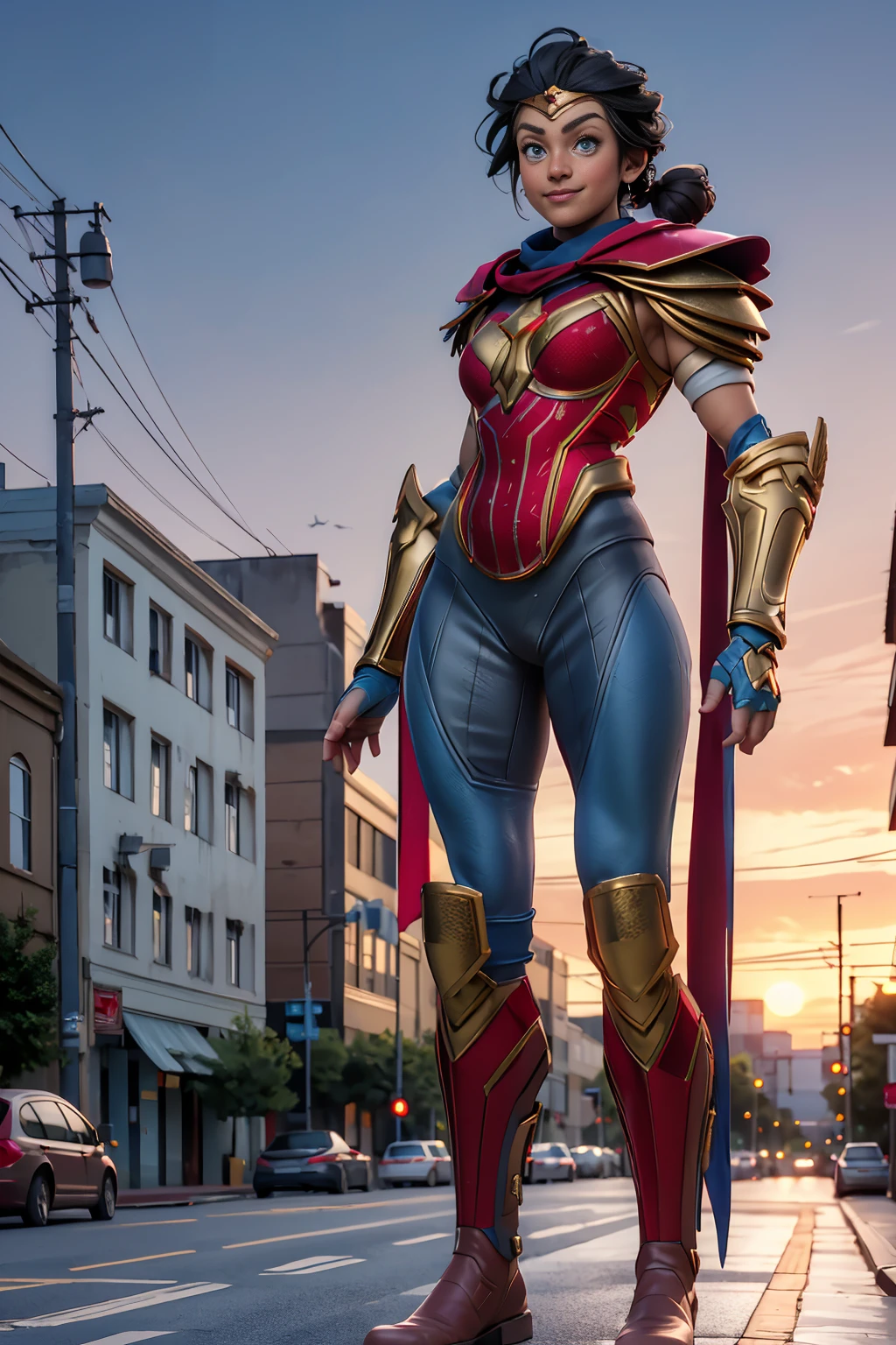 ((full-length photo, standing, feet on the ground))diana, short black hair, hair bun, blue eyes red chestplate, bodysuit, armor, armbands, blue pants, single shoulder pad, red boots, blue cape, blue pants, looking at viewer, smiling, standing, outside, city, street, sunset, dusk, high quality, masterpiece, 