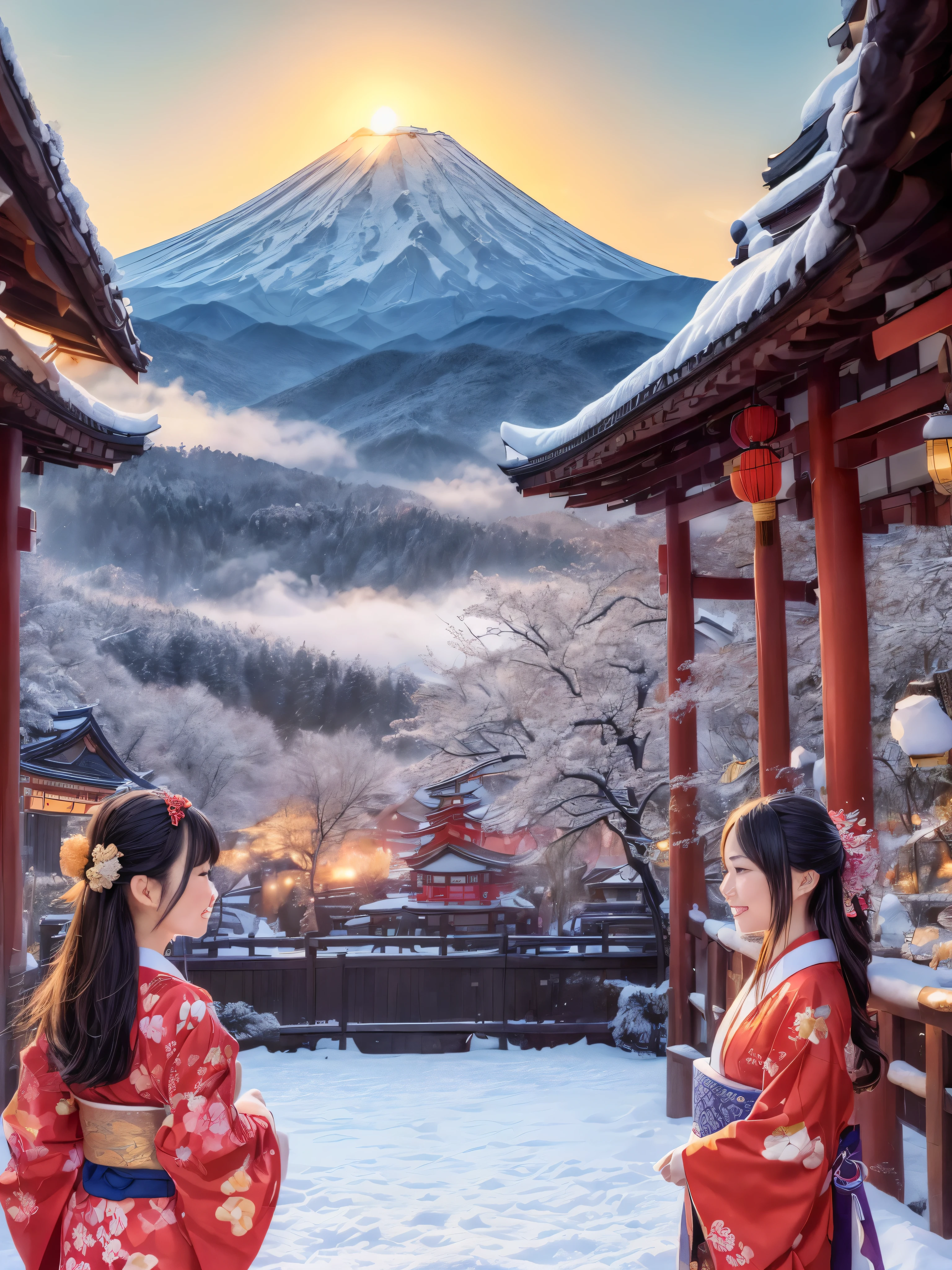 (melhor qualidade, realista:1.37), japanese traditional new year picture scroll, detailed illustration with vibrant colors, beautifully painted scenery, impressive representation of Mount Fuji in the background, retrato animado de pessoas vestidas com quimono celebrando o Ano Novo, (Carefully crafted depiction of a radiant sunrise on New Year&#39;s Day, inverno, neve)