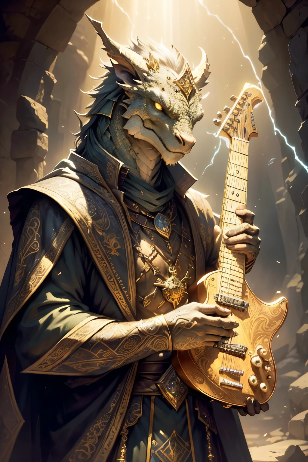 ((Best quality)), ((masterpiece)), ((realistic cartoon)), ((perfect character)):

Dragon Rockstar with holding an electric guitar,In this stunning and highly detailed realistic cartoon, we present a Product Owner. The Product Owner stands tall with, clad in intricate garment, complete with flowing garments and ornate patterns. His face is high tower shield, adding to his angelic and stunning appearance.

The Product Owner channels the power of light, conjuring dazzling rays and holy energies. The scene is set in a thematically rich environment, filled with magical vibes, and mystical symbols that enhance the ambiance. The lighting, crafted with a cinematic touch, casts a spellbinding glow, emphasizing the magical aura surrounding the Product Owner.

Every element of this masterpiece is carefully designed to create a sense of realism and immersion. The intricacies of the Product Ownerclothing, the mesmerizing effects of his conjurations, and the level of detail in his weathered face all contribute to a captivating visual experience. This artwork is presented in stunning UHD resolution, allowing you to appreciate every nuance and intricacy in breathtaking detail.

Portrait,Eye level, scenic, masterpiece,mtg art,magic the gathering art.