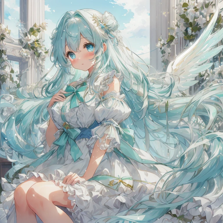 Mint-inspired, sparkling and cute atmosphere. A moe anime style bishoujo with big sparkling blue eyes and a fluffy appearance. Full body. She wears a mint-colored dress with detailed and delicate ruffles, with many ribbons and star-shaped ornaments. She has fantastic, fine translucent white wings and an aura of magical light that accentuates the fantastic atmosphere. Her hair is voluminous and long wavy, with ribbons to match, giving her a cute and whimsical look. The background is a dreamy cloudy sky with a dusty light, and the soft mint color enhances her fantastic and gentle atmosphere. (( highest image quality, highest quality ))