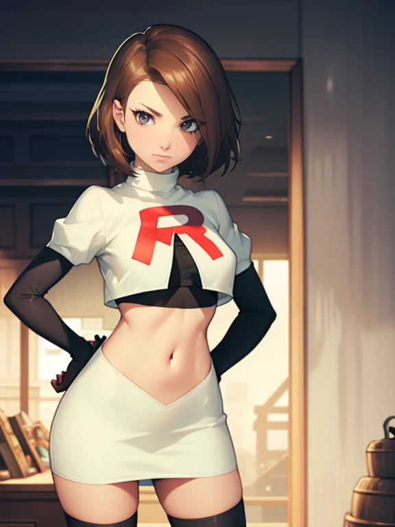 brown hair, short hair, glossy lips, eye shadow ,team rocket uniform, red letter R, white skirt,white crop top,black thigh-high boots, black elbow gloves, evil smile, evil face ,looking at viewer, cowboy shot, hands on hips