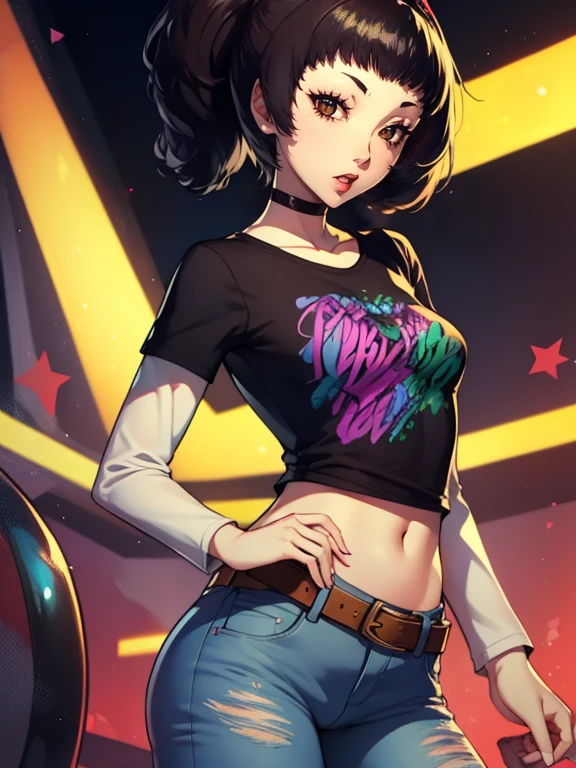 Rise Kujikawa (Persona) ,glossy lips , 1girl, solo, standing, black t-shirt, white shirt, jeans, belt, lipstick,