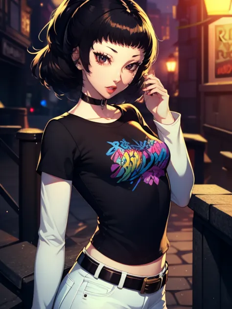 rise kujikawa (persona) ,glossy lips , 1girl, solo, standing, black t-shirt, white shirt, jeans, belt, lipstick,