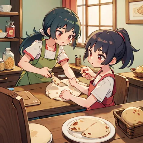 girls kneading tortillas in an apartment　apron and ponytail　mince is on the table